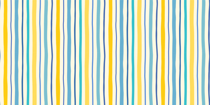 Hand painted vertical summer stripes vector seamless pattern, Yellow and blue organic uneven brushstrokes nautical background