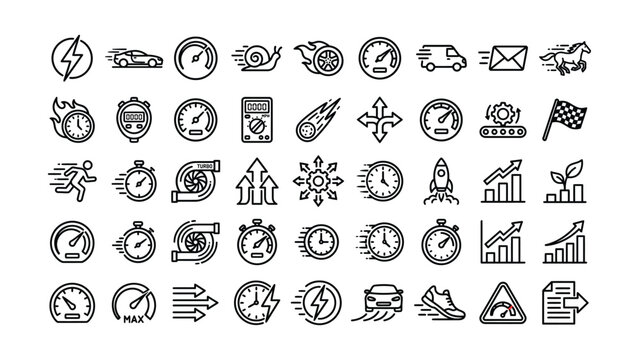 Collection of black line icons for business and technology concepts  clocks  graphs  speedometers  arrows  fast delivery