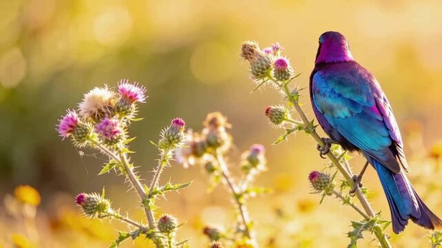 Colorful Starling Bird Perched on Purple Thistle Flowers in Golden Light