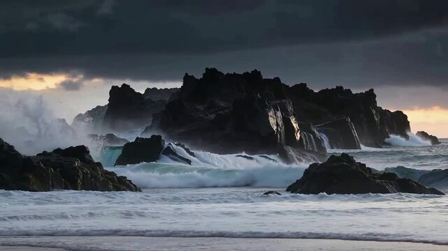 Jagged Rock Formation Surrounded by Crashing Waves Under Stormy Sky