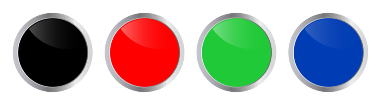 Glossy circle push button set. Classic retro game buttons in black, red, green and blue color vector illustration.
