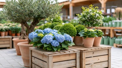 Fototapeta na wymiar Beautiful blue hydrangea flowers and potted plants in a garden center.