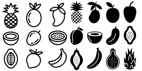 Fototapeta premium ropical fruit silhouette icon collection featuring pineapple coconut papaya mango fig and banana
