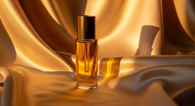 A mockup of a luxurious skincare product display featuring a golden bottle and a dropper on a silk fabric with a warm glow, showcasing the product in a serene and elegant setting.