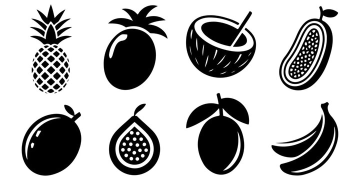 ropical fruit silhouette icon collection featuring pineapple coconut papaya mango fig and banana