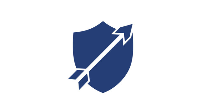 Minimalist shield icon with an arrow piercing through it.