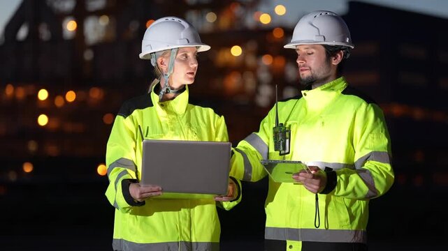 Engineering inspection industrial safety engineer team in hard hat and high visibility jacket using clipboard and tablet at night outside factory for audit checklist review and maintenance planning