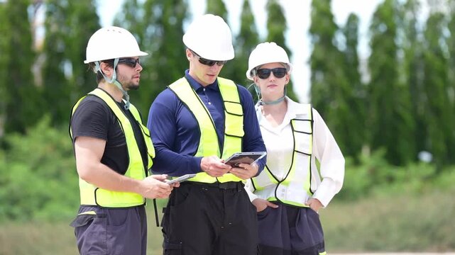 Engineer engineering inspection on industrial construction site, safety hardhat and vest, tablet field teamwork meeting, pointing and reviewing project plan for survey, risk, quality control