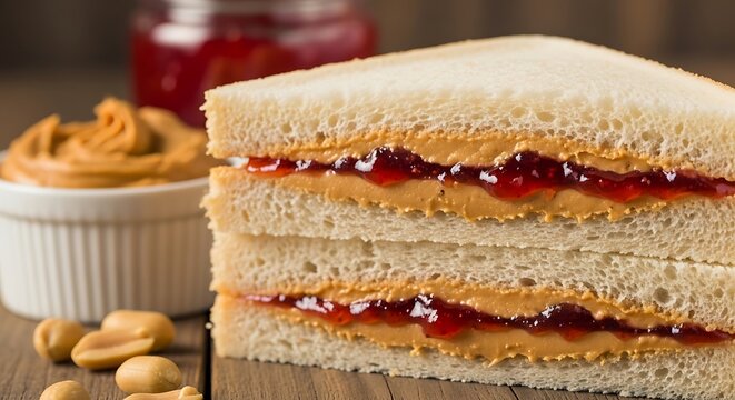 Peanut butter and jelly sandwich with ingredients on a wooden surface