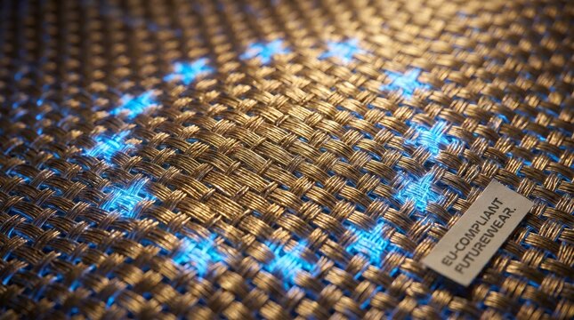 Smart Fabric With Golden Nano Conductors And Blue Glowing Threads