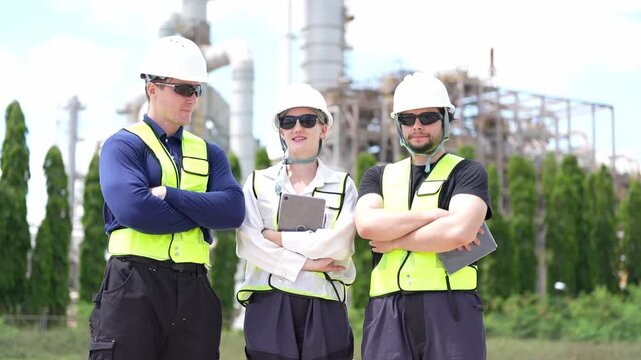 Engineer inspection industrial safety hardhat reflective vest refinery teamwork with tablet and clipboard, three workers stand confident at processing plant site during maintenance engineering audit