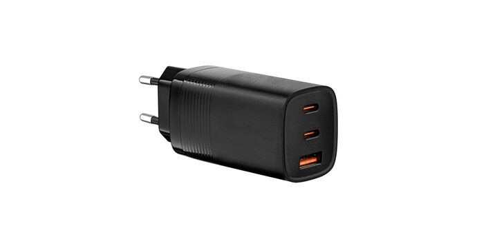 Clean studio photography of a 3-port power supply unit. Versatile asset for advertising mobile accessories and electronic gadgets. Minimalist design isolated on white for easy editing.