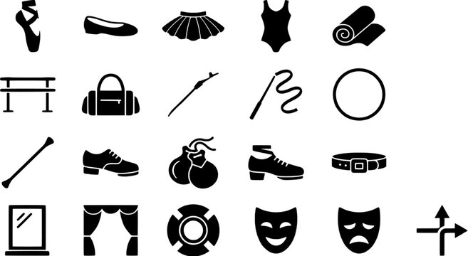 Dance and theater equipment icon set. Collection of performance apparel, stage props and training accessories for ballet, rhythmic gymnastics and dramatic arts in vector silhouette style