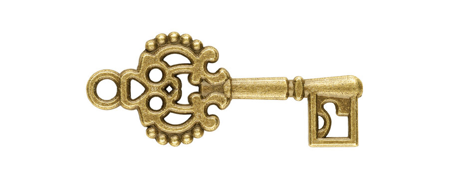 Vintage gold key featuring an intricate decorative pattern. Perfect commercial metaphor for lucky business solution, success, wealth, property investment, real estate ownership and financial security