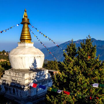 Golden Buddhist Stupa Standing on Hilltop with Prayer Flags and Mountain Landscape