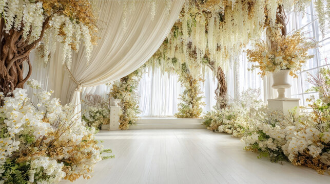 Elegant Floral Arch Draped Drapery Wedding Venue