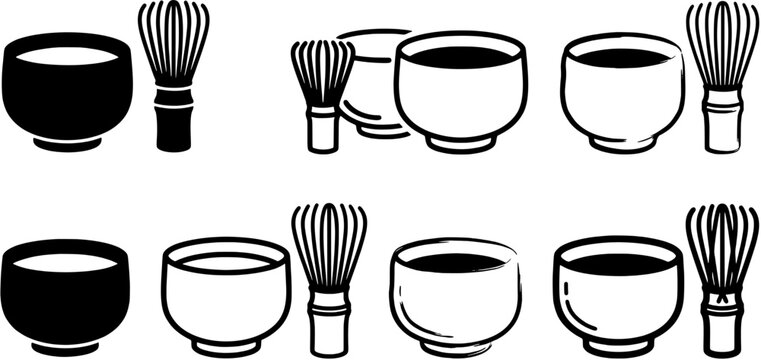 Matcha tea ceremony icon set with bamboo whisks and ceramic bowls in flat black and white vector style.