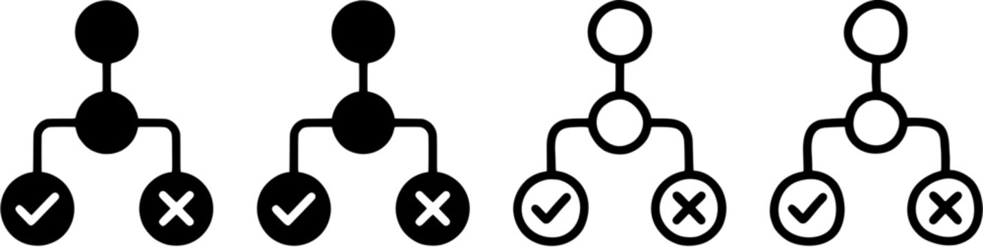 Decision tree icons with check mark and cross symbol. Hierarchical process flow with true or false options, vector illustration set.