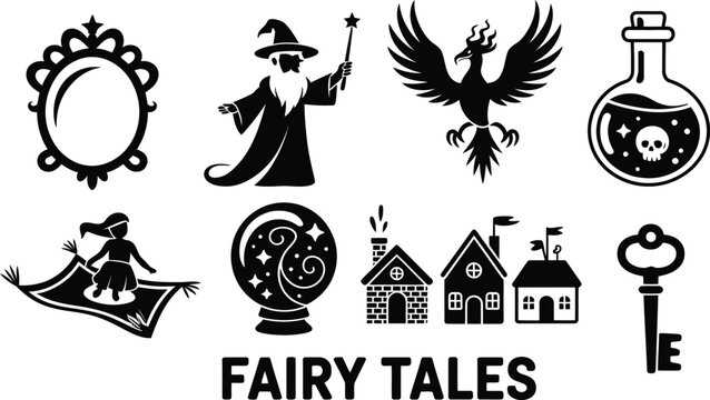 Magic mirror wizard phoenix potion bottle girl magic carpet crystal ball.