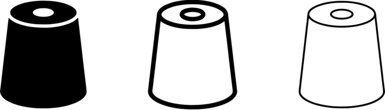 Thread spool icon set in solid and outline styles for sewing and textile industry. Vector graphic collection of bobbins