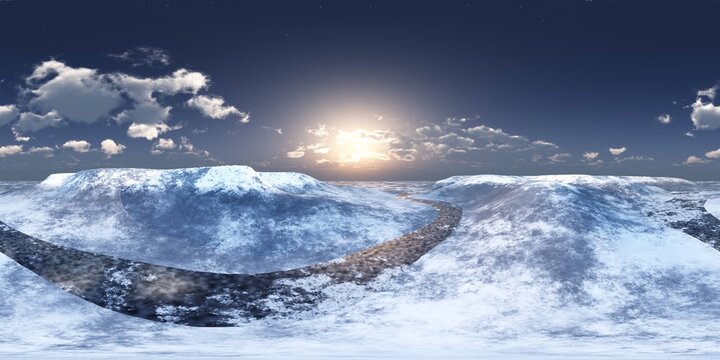 HDRI, Round panorama, spherical panorama, equidistant projection, spherical panorama, sunrise over the planet, sunrise over the icy moon,