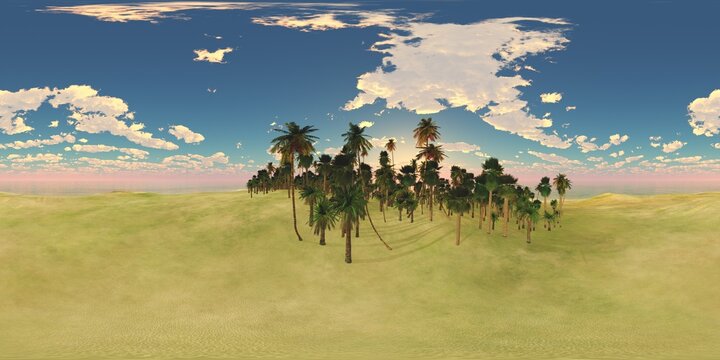 HDRI High resolution map. environment map, Round panorama, spherical panorama, equidistant projection, panoramic landscape of the oasis in the desert, 3D rendering
