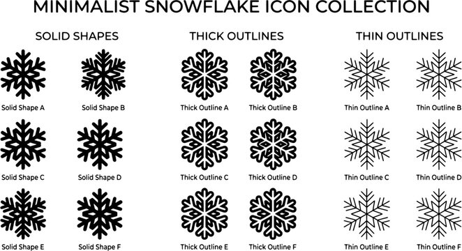 Minimalist snowflake icon set with solid and outlined variations. Winter seasonal vector graphics for holiday design and Christmas decoration.
