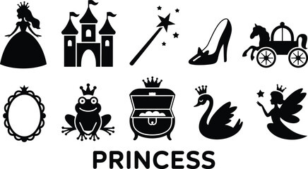 Elegant princess fairy tale elements set with magical castle and crown. © Mst Insanara Begum
