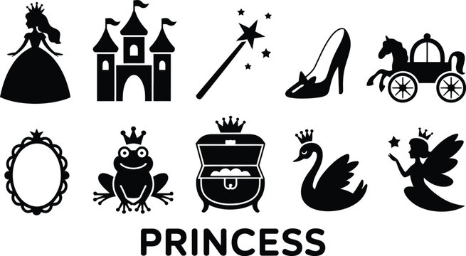 Elegant princess fairy tale elements set with magical castle and crown.