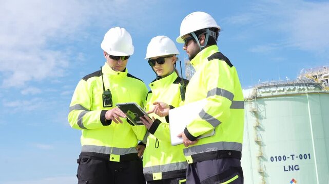 Industrial engineer inspection safety helmet high visibility jacket worker team reviews tablet, planning during audit at liquefied natural gas storage tank site under clear blue sky