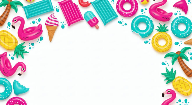 Colorful summer leisure elements form a festive decorative border displaying inflatable flamingos sweet pineapples cool ice cream and fun pool floats perfect for vacation advertisements and