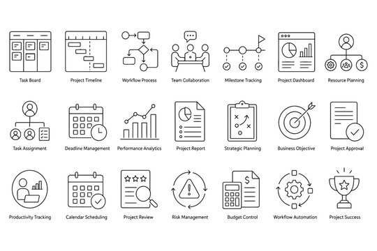 Project Management Workflow And Productivity Outline Business Icons