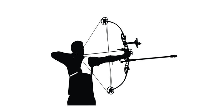 Archer Drawing A Bow With Compound Bow Black Silhouette