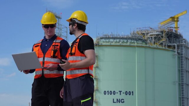 Engineer inspection at industrial refinery tank facility, safety helmet vest worker technicians coordinate by radio and laptop, equipment audit plus data review at gas storage terminal