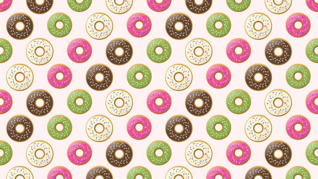 4K seamless loop animation of colorful glazed donuts pattern background