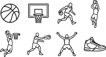 Basketball related icons including ball hoop players and shoe on transparent background. © Sadhin