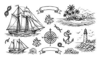 Nautical sailing ship and tropical island sketch collection in engraving style © MdRabbi