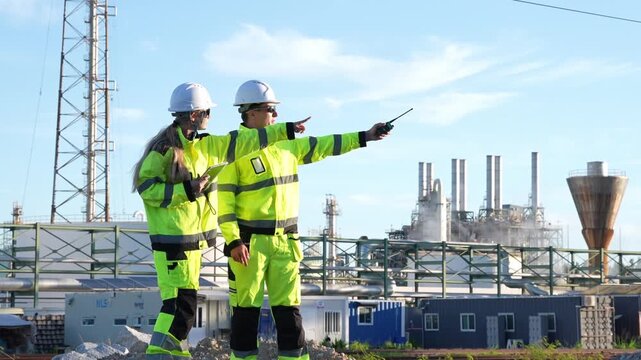 Industrial engineer inspection safety worker factory refinery helmet radio tablet, technician team communicate, coordinate maintenance, review digital checklist, point toward processing plant units