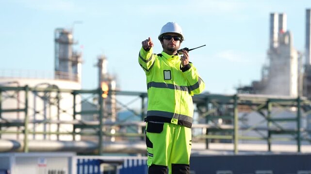 Engineer inspector industrial refinery safety high visibility hardhat radio worker directing inspection, handheld communication for plant maintenance, compliance, risk control, facility survey