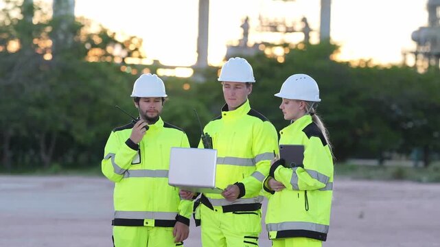 Engineer inspection industrial safety worker hard hat high visibility laptop, sunset plant maintenance check with tablet and radio, teamwork coordinating refinery site engineering inspection shift