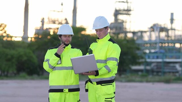 Engineer technician safety inspection at industrial refinery, laptop and radio in use, worker team in high visibility gear coordinate maintenance plan, review audit data on evening shift