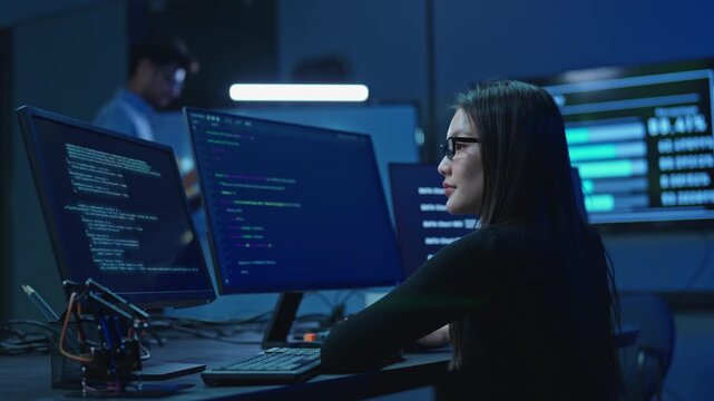 Asian woman programmer pointing at monitor with program code, male colleague and data dashboards in background, late night software work.