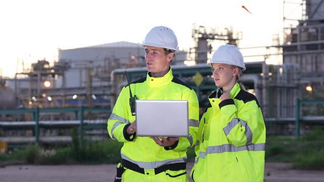 Engineer inspection at industrial plant refinery, safety helmet laptop teamwork as two worker in high visibility jacket review data, radio near piping, audit at dusk pipeline compliance verification