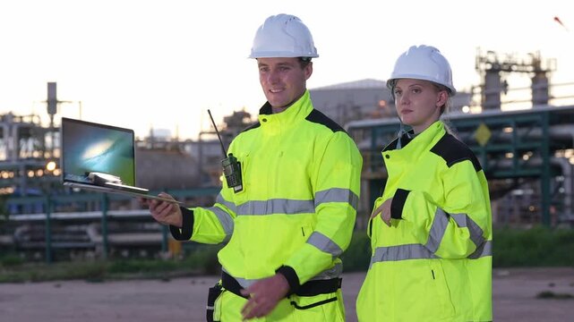 Engineering inspection industrial engineer hard hat safety refinery laptop man woman workers in high visibility jackets review plant audit data at dusk, radio risk control, focused teamwork