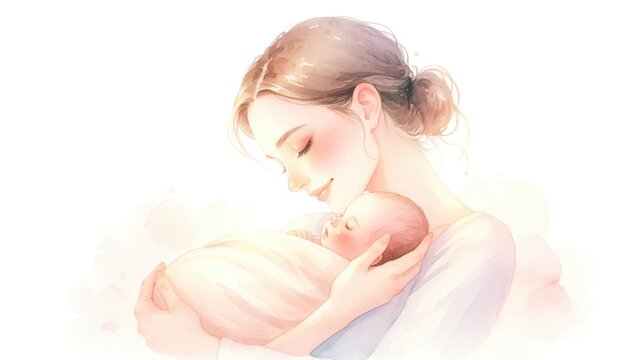 Tender Moment Between Mother and Newborn Baby in Soft Pastel Colors, Illustrative Artwork Capturing Love and Connection in a Serene Setting