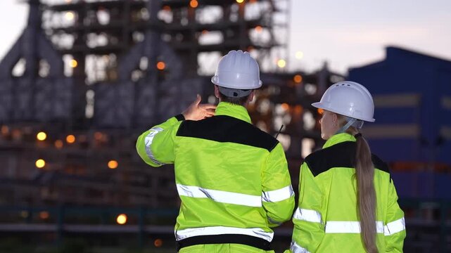 Engineering inspector industrial safety hard hat high visibility jacket refinery, man and woman workers survey plant structure at dusk, point during site audit, plan maintenance and quality control