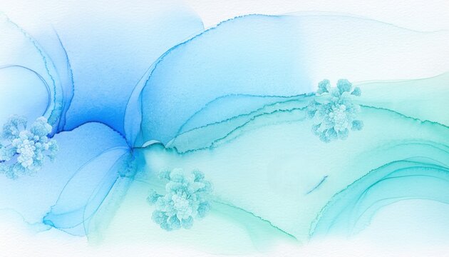 Beautiful abstract watercolor painting featuring blue and green flowing waves with floral elements, creating a soothing and elegant artistic design.