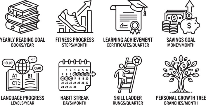 Personal growth icons representing learning achievements and self improvement goals for success and development.