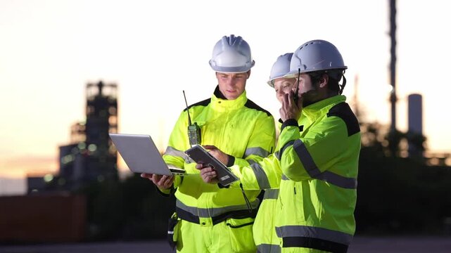 Engineer inspection at industrial plant safety helmet high visibility tablet team coordinate maintenance, review data on laptop and radio, document refinery site checks at dusk for risk control