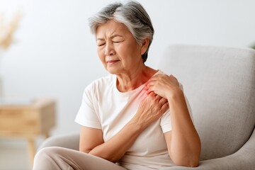 Fototapeta premium Senior asian woman with shoulder pain sitting at home. Older patient holding painful shoulder with joint stiffness, muscle strain and arthritis discomfort